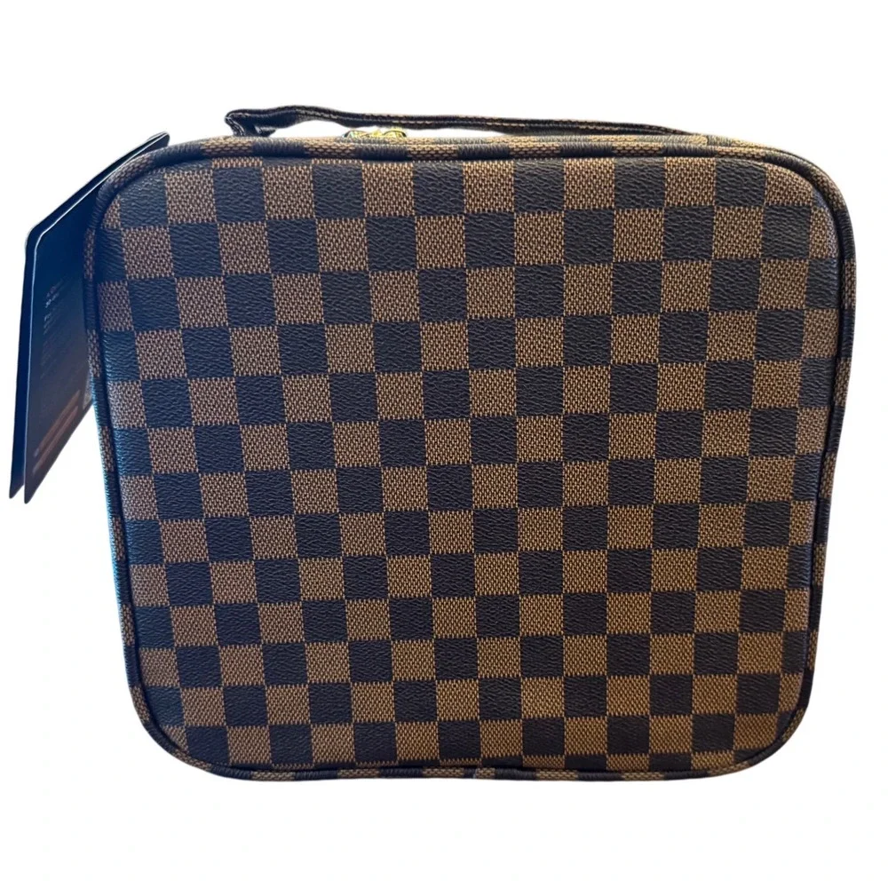 WODKEIS Makeup Train Case Brown Checkered Travel Cosmetic Organizer Bag NWT